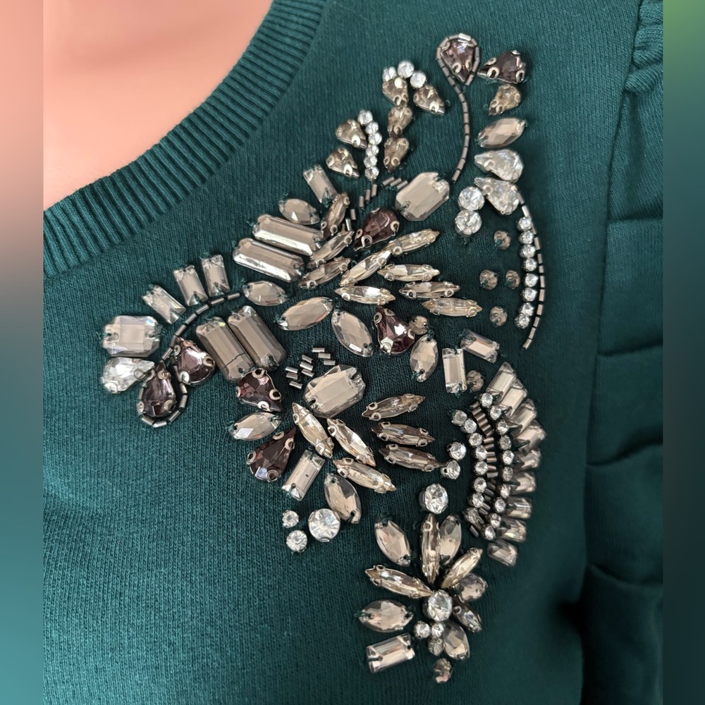 Express Green Embellished Crew Neck Sweater